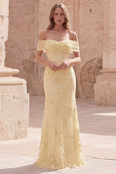 Off the Shoulder Mermaid Appliqued Yellow Maxi Prom Dress