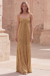 Metallic Gold Sheath Pleated Maxi Prom Dress