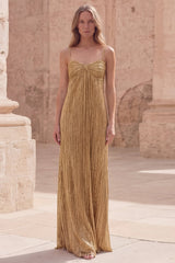 Metallic Gold Sheath Pleated Maxi Prom Dress