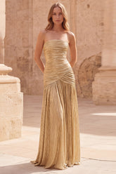 Metallic Strapless Gold Ruched A Line Maxi Prom Dress
