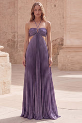 Metallic Halter Purple Cut Out A Line Pleated Maxi Prom Dress