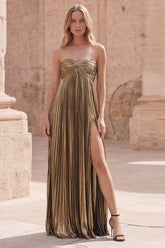 Metallic Strapless Dark Gold Pleated Prom Dress with Slit