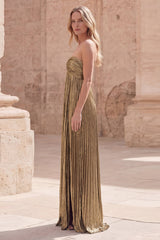 Metallic Strapless Dark Gold Pleated Prom Dress with Slit