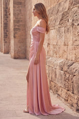 Off the Shoulder Mermaid Satin Ruched Pink Prom Dress