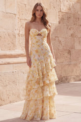 Yellow Floral Strapless Tiered Cut Out Prom Dress