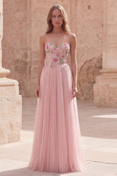 Pink Strapless A Line Appliqued Tulle Prom Dress