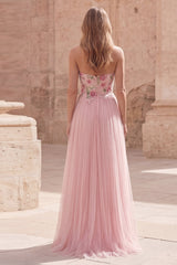 Pink Strapless A Line Appliqued Tulle Prom Dress