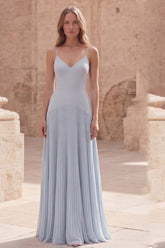 Sky Blue Pleated A Line Maxi Prom Dress