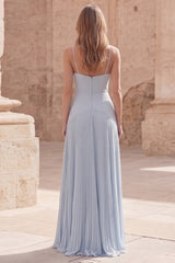 Sky Blue Pleated A Line Maxi Prom Dress