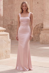 Pink Satin Ruched Mermaid Maxi Prom Dress