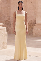 Yellow Satin Cut Out Sheath Prom Dress with Streamer