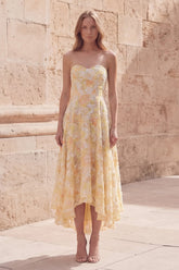 Floral Yellow Strapless High Low A Line Prom Dress