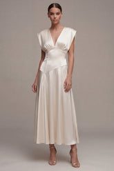 Ivory Satin A Line V Neck Engagement Dress with Cap Sleeves