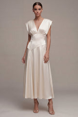 Ivory Satin A Line V Neck Engagement Dress with Cap Sleeves