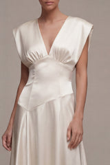 Ivory Satin A Line V Neck Engagement Dress with Cap Sleeves