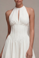 White Halter Cut Out A Line Corset Midi Engagement Dress