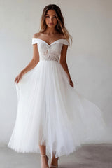 Off the Shoulder White Lace A Line Tulle Engagement Dress