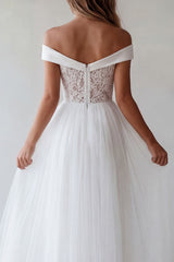 Off the Shoulder White Lace A Line Tulle Engagement Dress