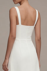 Ivory Satin A Line Midi Engagement Dress with Slit