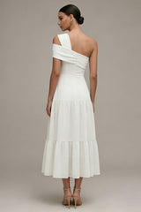 One Shoulder A Line Ruffled White Midi Engagement Dress
