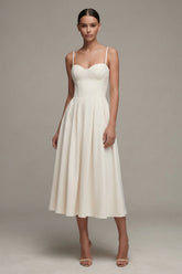 A Line White Pleated Midi Engagement Dress