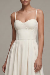 A Line White Pleated Midi Engagement Dress