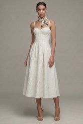 Jacquard Ivory A Line Midi Engagement Dress