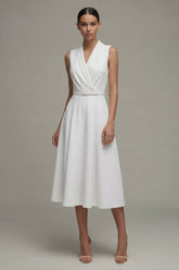 White Shawl Lapel A Line Midi Work Dress with Belt