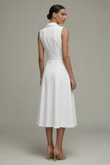 White Shawl Lapel A Line Midi Work Dress with Belt