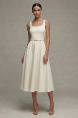 Ivory Satin A Line Midi Engagement Dress with Belt