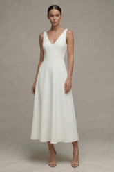 Satin A Line White V Neck Midi Engagement Dress