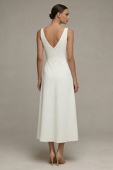 Satin A Line White V Neck Midi Engagement Dress
