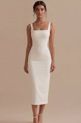 Satin White Bodycon Midi Engagement Dress with Slit