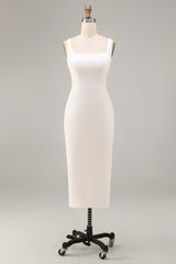 Satin White Bodycon Midi Engagement Dress with Slit