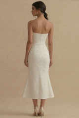 Jacquard Strapless Mermaid White Midi Engagement Dress