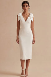 Satin Bodycon Bowed V Neck Midi White Dress