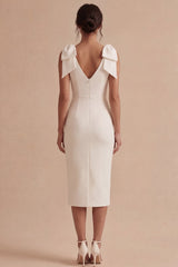 Satin Bodycon Bowed V Neck Midi White Dress