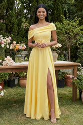Asymmetrical Neck Yellow A Line Maxi Dress with Slit