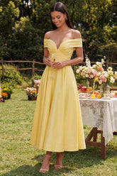 Off the Shoulder Ruched Satin Yellow A Line Maxi Dress