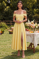 Off the Shoulder Corset A Line Satin Yellow Maxi Dress