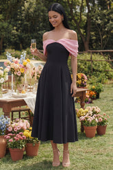 Colorblock Off the Shoulder A Line Black Wedding Guest Dress
