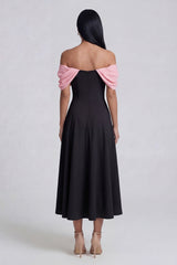 Colorblock Off the Shoulder A Line Black Wedding Guest Dress