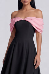 Colorblock Off the Shoulder A Line Black Wedding Guest Dress