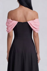 Colorblock Off the Shoulder A Line Black Wedding Guest Dress