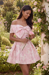 Pink Floral Off the Shoulder A Line Mini Wedding Guest Dress