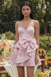 Strapless Pink Floral A Line Mini Wedding Guest Dress with Bow