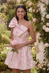 Bowed One Shoulder Pink Floral A Line Mini Wedding Guest Dress