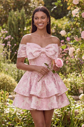 Tiered Bowed Off the Shoulder Pink Floral Mini Wedding Guest Dress