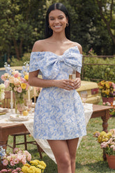 Bowed Off the Shoulder Blue Floral Mini Wedding Guest Dress
