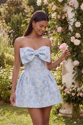 Bowed Blue Floral Strapless Mini Wedding Guest Dress